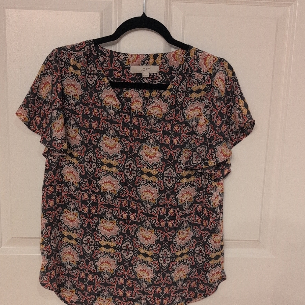 LOFT Black Short Sleeve Blouse with Floral Design